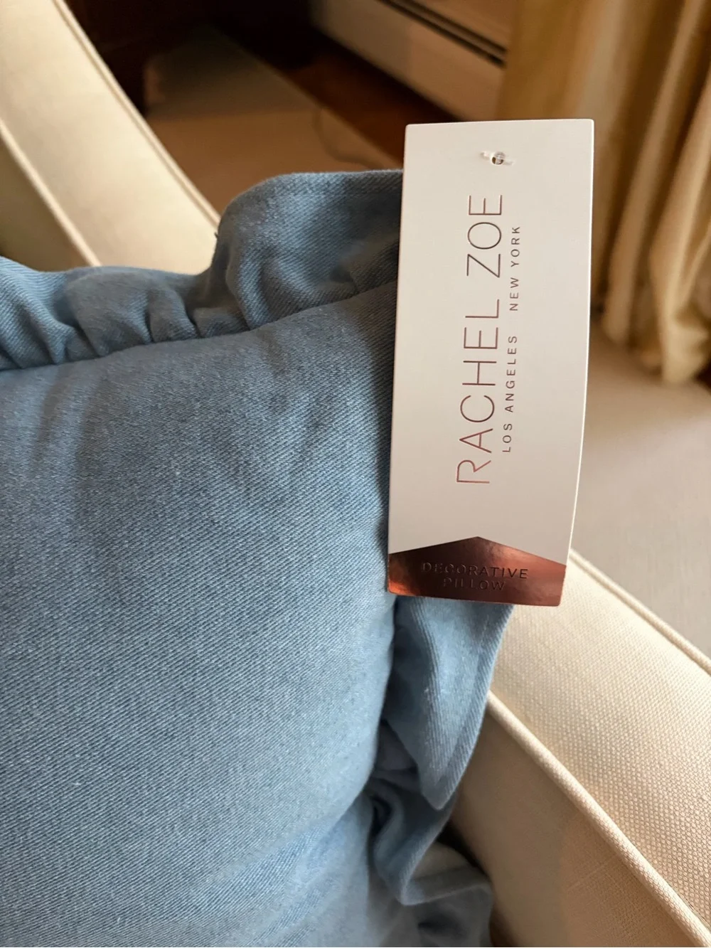 NWT Rachel Zoe Denim Ruffle trim lumbar pillow